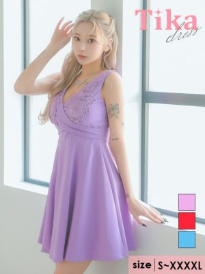 ノースリーブVネック刺繍ワンカラーフレアミニ...