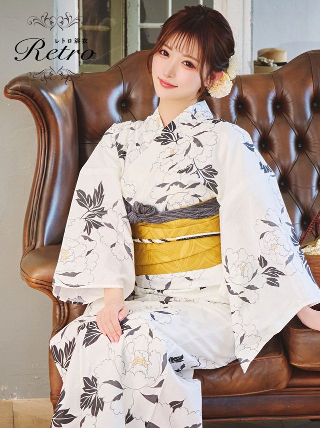 浴衣 レディース セット 帯 下駄 作り帯 平帯 牡丹 白地 レトロ ゆかた ボタン
