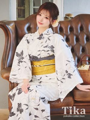 [浴衣 選べる帯] レトロ 白地×モノトーン...
