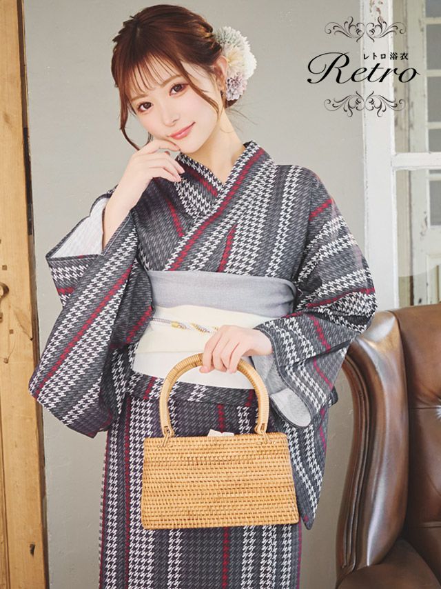 浴衣 レディース セット 帯 下駄 作り帯 平帯 チェック レトロ 和装 ゆかた 和服