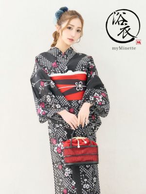 [浴衣] 黒地×しだれ桜 ゆかた2点セット (浴衣+平帯) [myMinette/マイミネット]