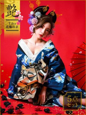 [花魁浴衣] 2way 濃紺地×油彩牡丹 5...