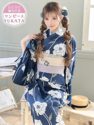 [ワンピース浴衣] ネイビー線画ポピー レトロ 簡単 一人で着れる 3点セット (ゆかた羽織・ワンピース・兵児帯)