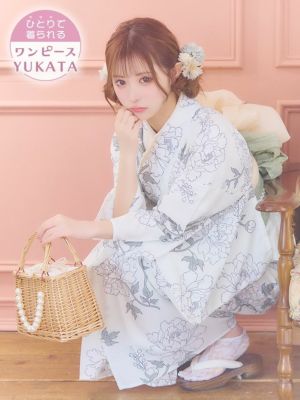 [SALE] [ワンピース浴衣] クリーム×繊細フラワー SWEETシリーズ 簡単 一人で着れる 3点セット (ゆかた羽織・ワンピース・兵児帯)