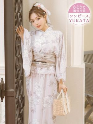 [ワンピース浴衣] メルティピンク×繊細ホワイトフラワー レトロ まやりん着用 簡単 一人で着れる 3点セット ( (ゆかた羽織・ワンピース・兵児帯)