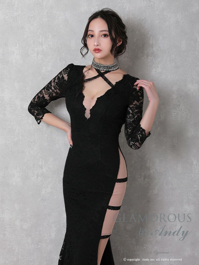 キャバドレス Andy アンディ 高級総レースクロスネック袖ありスリットタイトロングドレス