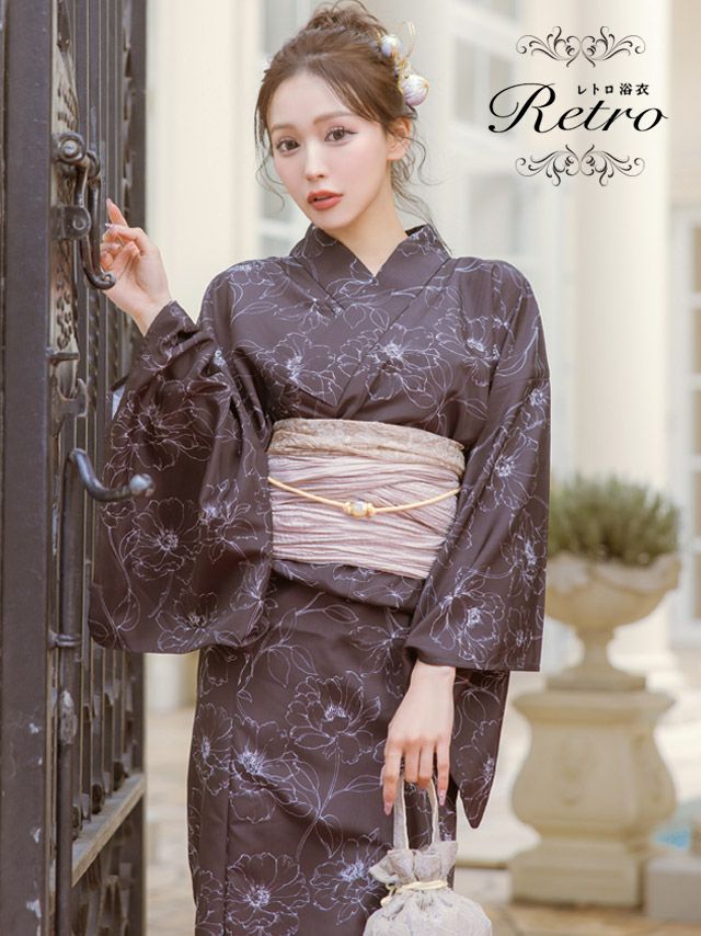 浴衣 レディース セット 兵児帯 下駄 レトロ モノトーン 古典 線画 ゆかた 黒