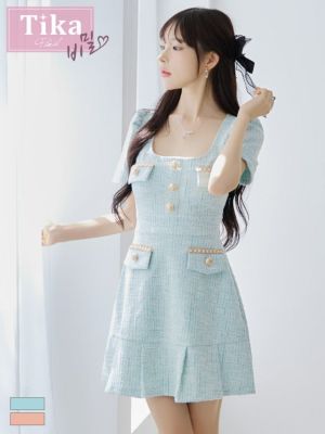 [韓国ドレス]  ツイード半袖パフスリーブフレアミニドレス (Sサイズ～Lサイズ) (緩苺/キャバドレス着用) [TikaPimil]