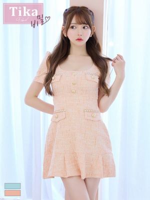 [韓国ドレス]  ツイード半袖パフスリーブフ...