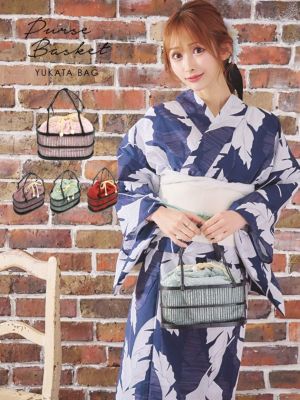 [浴衣小物] 巾着付き楕円型フラワー刺繍竹か...