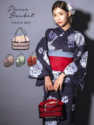 [浴衣小物] フラワー刺繍巾着付き楕円型竹か...