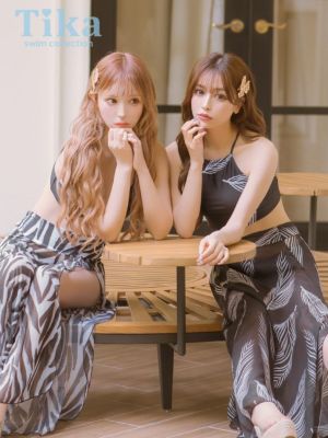水着 2wayパレオ付きハイネックリーフビスチェ体型カバービキニ&ゼブラ柄パレオパンツ付き三角ギャルビキニ