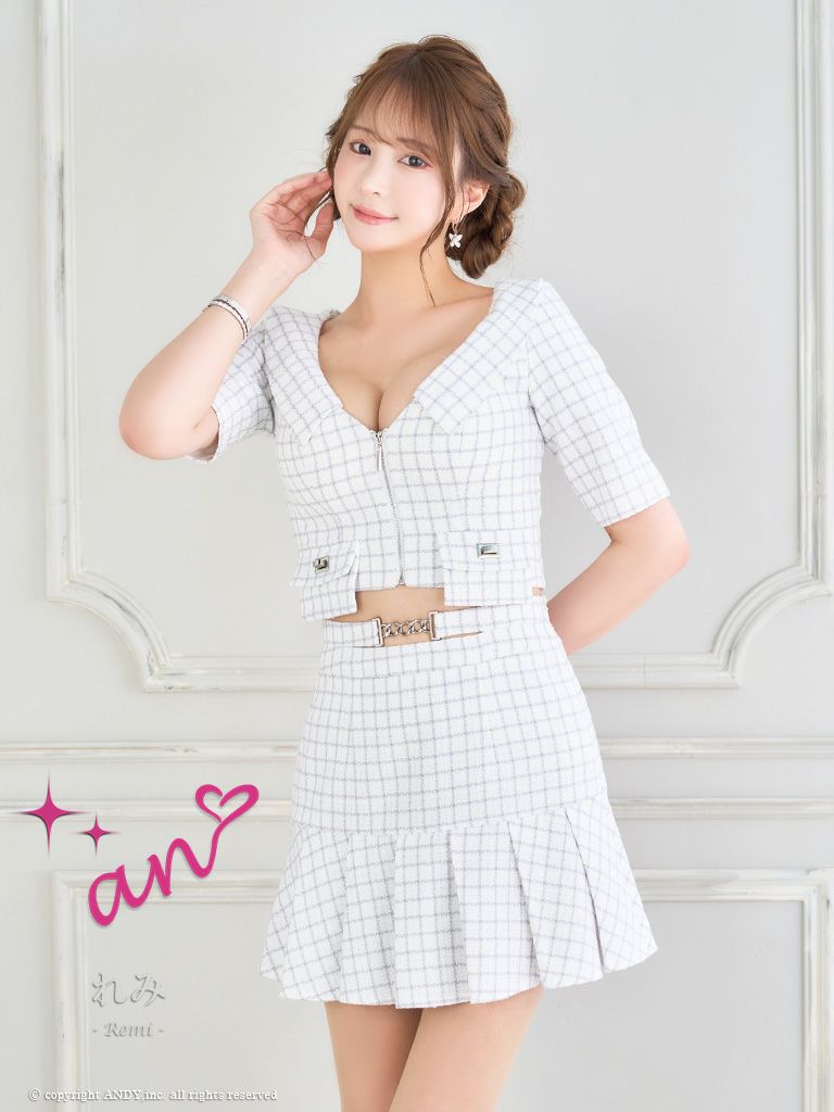 キャバドレス Andy アンディ 高級チェック柄襟デザインジップ袖ありセットアップフレアミニドレス