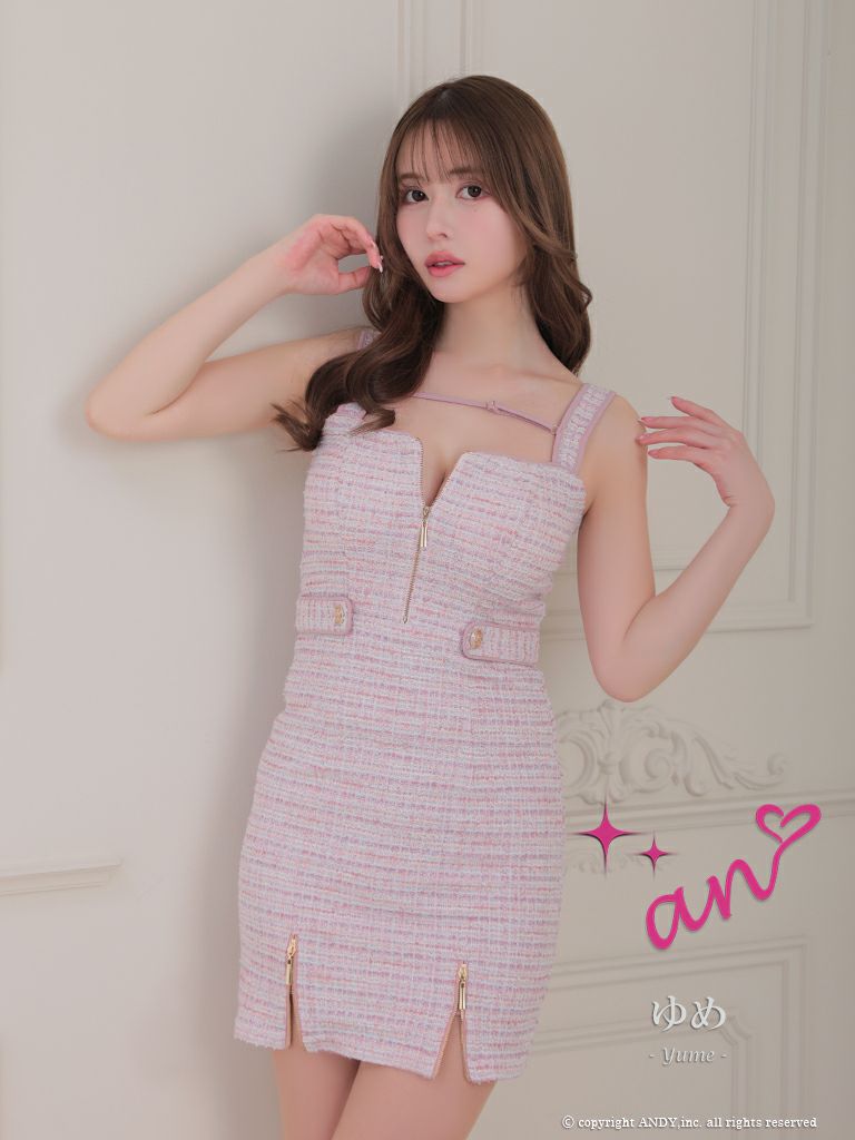 キャバドレス Andy アンディ 高級ツイードジップリボンノースリーブタイトミニドレス