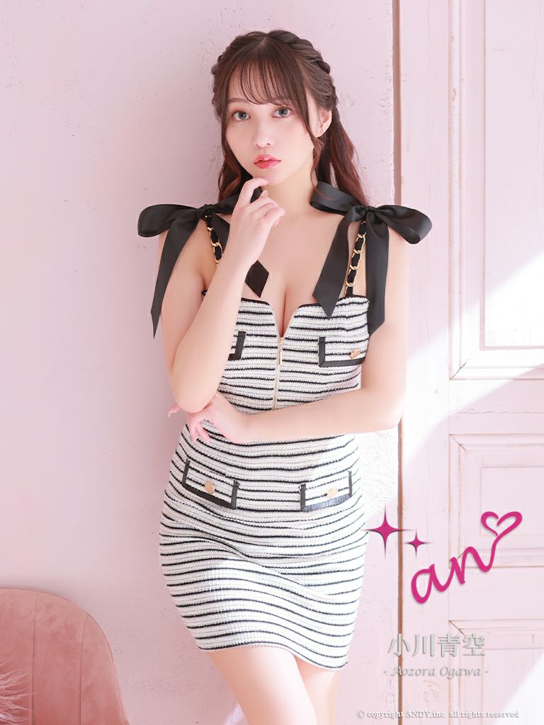 キャバドレス Andy アンディ 高級ボーダーキャミソールリボンジップタイトミニドレス