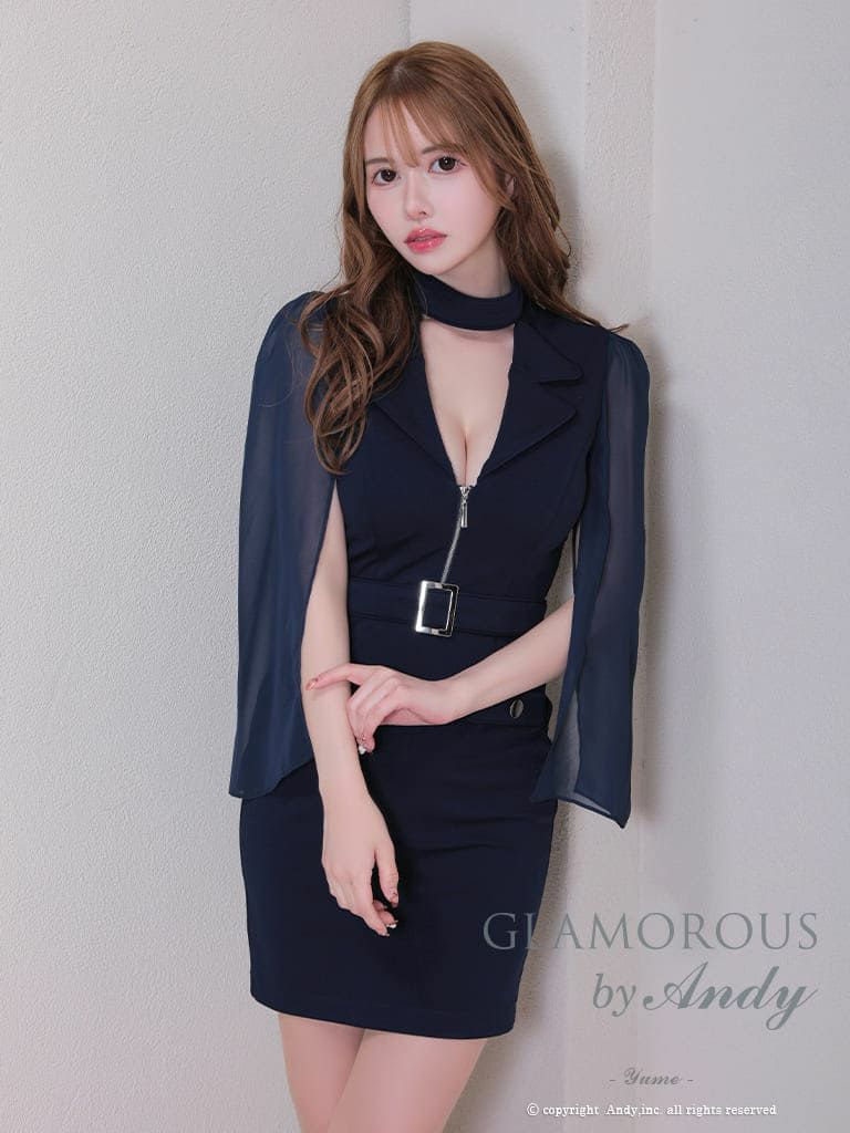キャバドレス　GLAMOROUS　アンディグラマラス 高級フロントジップウエストベルト取り外しシフォン袖ノースリーブタイトミニドレス