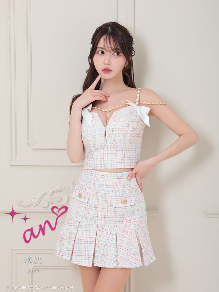 キャバドレス Andy アンディ　高級キャミソールリボン付きフロントジップセットアッププリーツフレアミニドレス