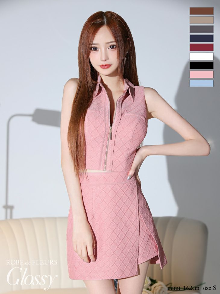 キャバドレス ミニドレス ROBEdeFLEURSGlossy ローブドフルールグロッシー　高級ノースリーブ襟デザインジップセットアップシンプルタイトミニドレス