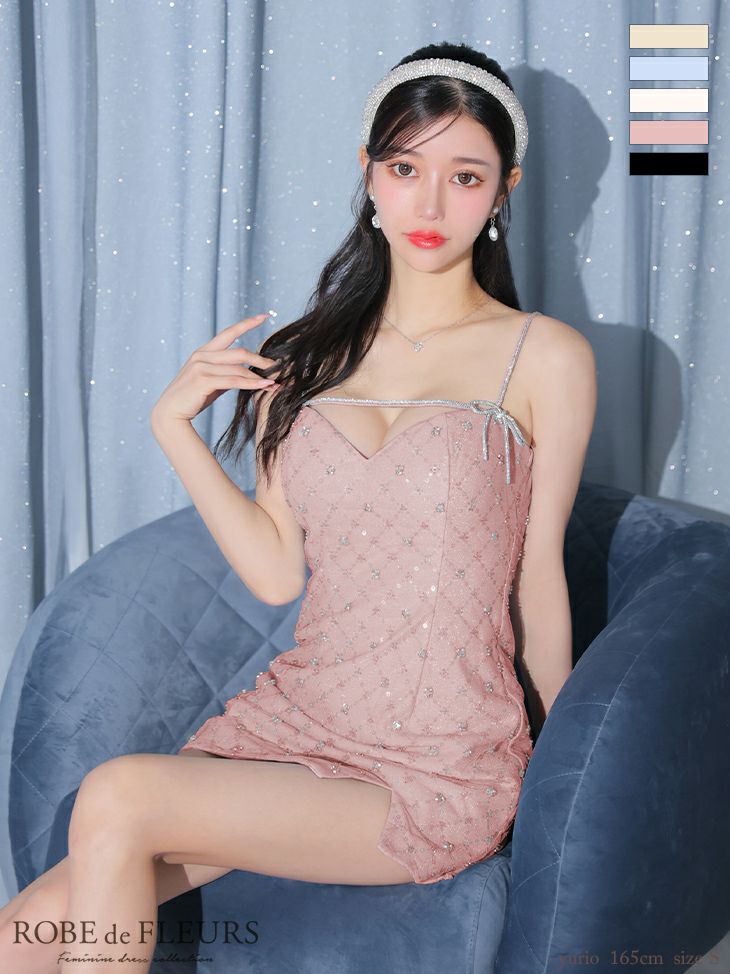 キャバドレス ミニドレス ROBEdeFLEURS ローブドフルール　 高級ビジューリボンバストカットキャミソールスリットタイトミニドレス