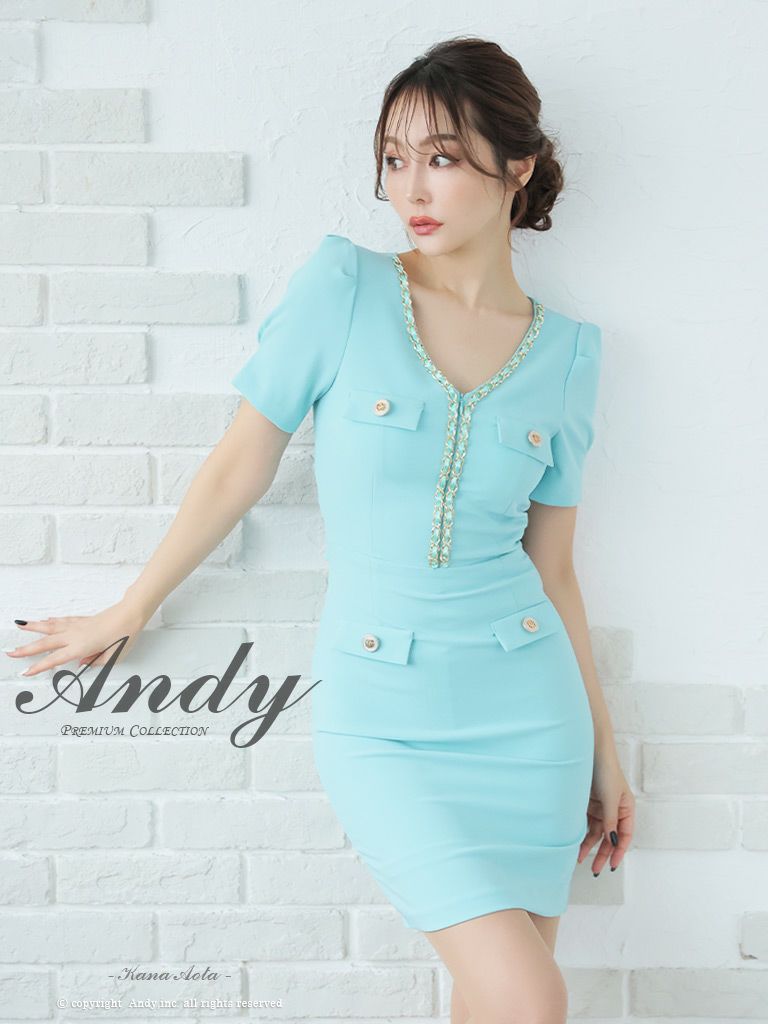  キャバドレス Andy アンディ　高級チェーンデザインバックジップ×リボン半袖タイトミニドレス