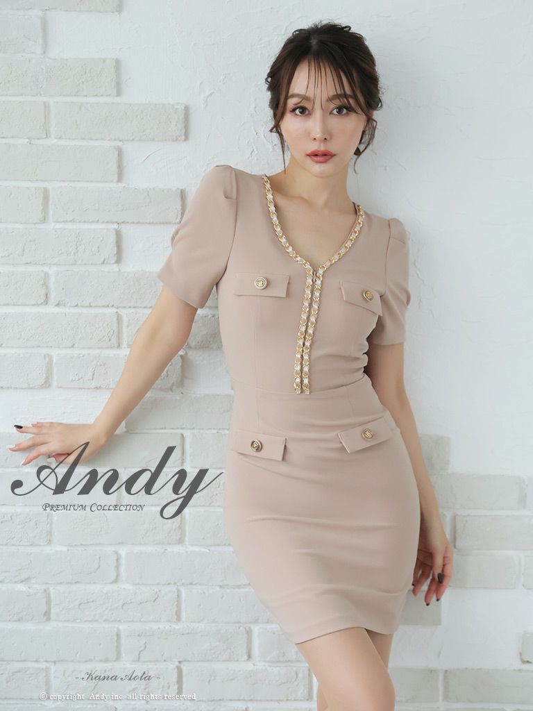 キャバドレス Andy アンディ　高級チェーンデザインバックジップ×リボン半袖タイトミニドレス