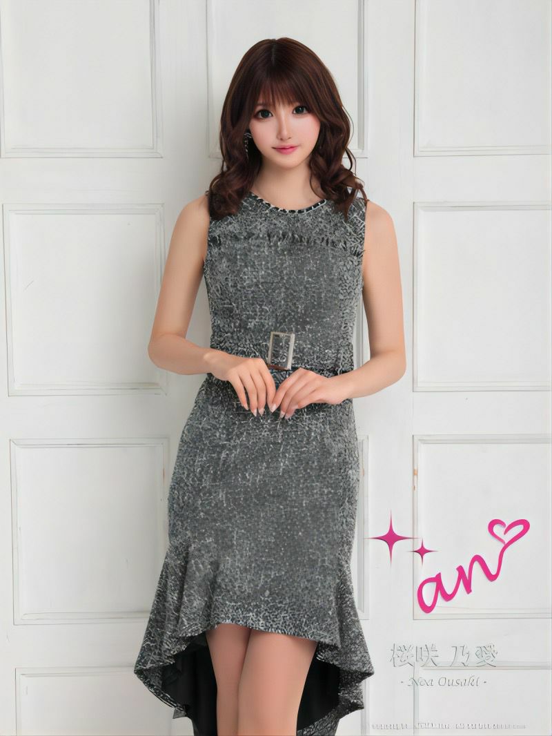 キャバドレス an アン　高級ツイードウエストベルトフリルマーメイドノースリーブ膝丈ドレス