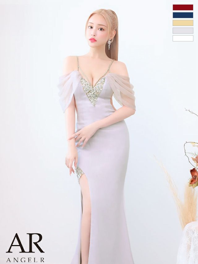 キャバドレス ドレス Angel-R エンジェルアール 　高級レース肩あきフラワービジュースリットくびれタイトロングドレス