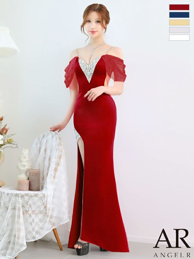 キャバドレス ドレス Angel-R エンジェルアール 　高級レース肩あきフラワービジュースリットくびれタイトロングドレス