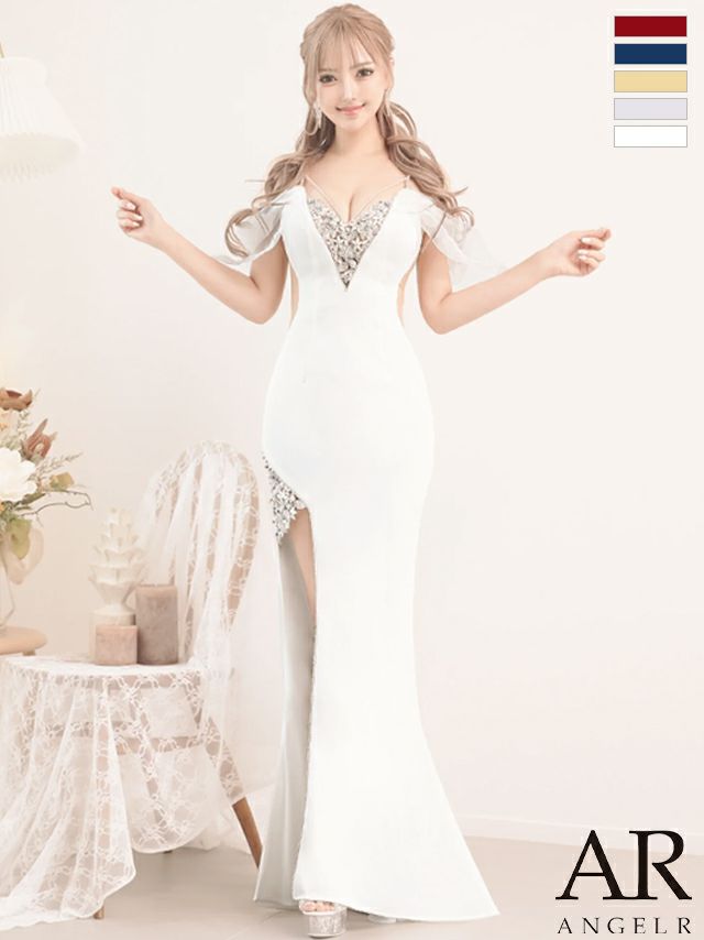 キャバドレス ロングドレス Angel-R エンジェルアール 　高級レース肩あきフラワービジュースリットくびれタイトロングドレス