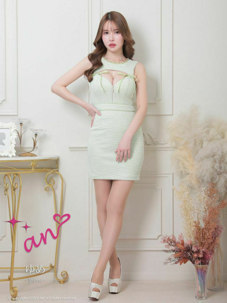 キャバドレス an アン　高級ノースリーブバストカットジップリボンツイードタイトミニドレス