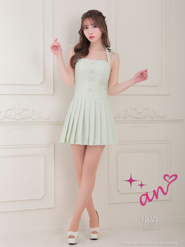 キャバドレス an アン　高級ツイードキャミソールリボンフロントパールボタンプリーツフレアミニドレス