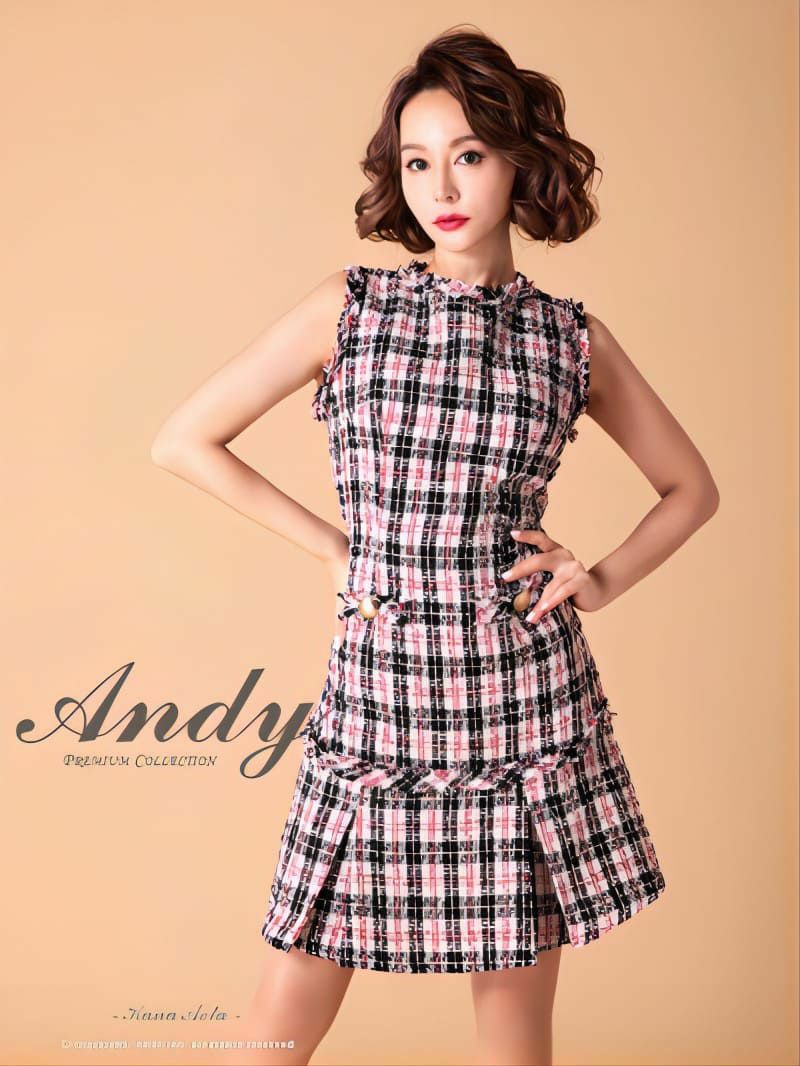 キャバドレス Andy アンディ　高級チェック柄フリンジツイードノースリーブワンピースフレアミニドレス