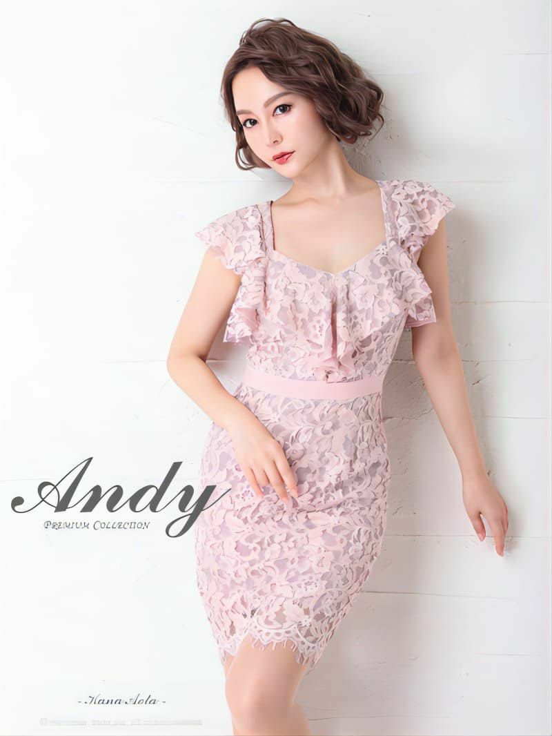 キャバドレス Andy アンディ　高級総レースペンタゴンネック胸元フリルバックリボンフリルウエスト切替ノースリーブタイトミニドレス