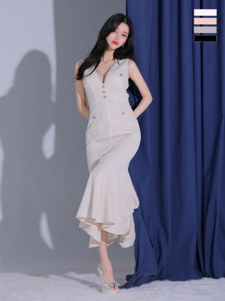 キャバドレス ロングドレス [DEA.byROBEdeFLEURS/ディアバイローブドフルール] 高級ノースリーブゴールドボタンマーメイドタイトロングドレス