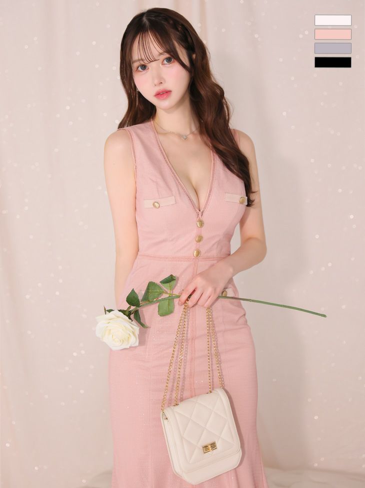 キャバドレス ロングドレス [DEA.byROBEdeFLEURS/ディアバイローブドフルール] 高級ノースリーブゴールドボタンマーメイドタイトロングドレス