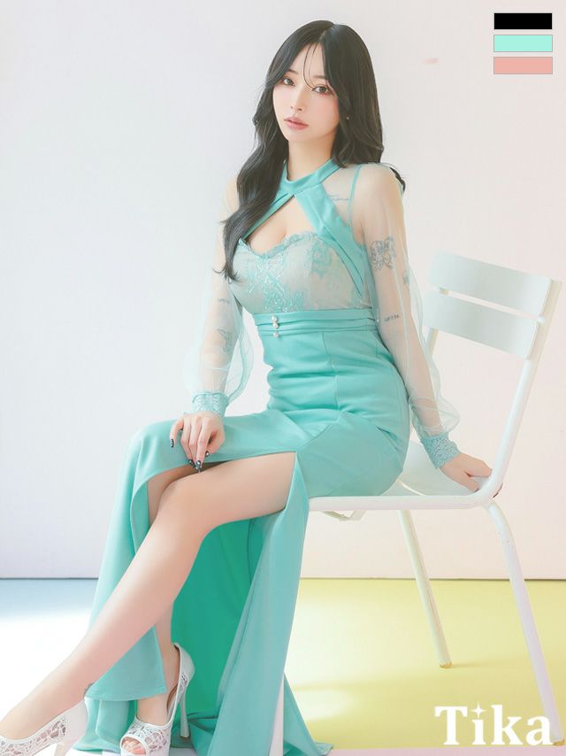 キャバドレス ロング丈 大きいサイズ タイト 袖あり 長袖 キャバクラ ロングドレス