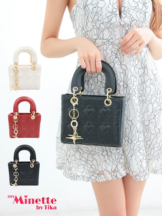 ゴールドチャーム付き ハート柄 スクエア ミニ ハンドバッグ