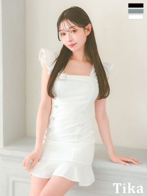 ノースリーブ ブリル袖 ワンカラー パールダブルボタン 裾フリル ストレッチ タイトミニドレス (Sサイズ～Lサイズ) (雨宮由乙花/キャバドレス着用)