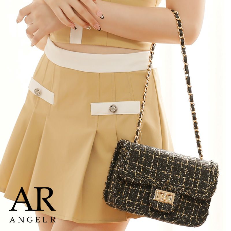 キャバドレス ミニドレス Angel-R エンジェルアール 高級ゴールドチェーンチェック柄ツイードショルダーバッグ 