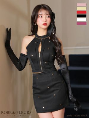 [ROBEdeFLEURS/ローブドフルール] 高級ハートスタッズホルターネックジップゴールドチェーンセットアップタイトミニドレス