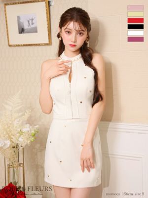 [ROBEdeFLEURS/ローブドフルール] 高級ハートスタッズホルターネックジップゴールドチェーンセットアップタイトミニドレス