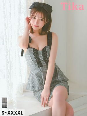 チェック柄 レーステープ ボタン キャミソール リボンショルダー ペプラム タイトミニドレス (Sサイズ～XXXXLサイズ) (聖菜/キャバドレス着用)