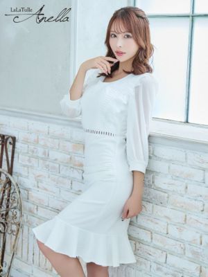 [Anella/アネラ] 袖あり 七分袖 シアースリーブ ギャザー裾フリル タイト 膝丈ドレス (Mサイズ～XLサイズ) (伊藤舞雪/韓国ドレス着用)