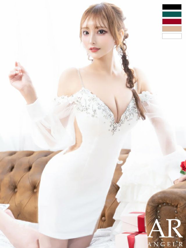 キャバドレス ミニドレス Angel-R エンジェルアール 高級 肩あき バルーンスリーブ フラワー刺繍 ビジュー 長袖 袖あり くびれ タイトミニドレス