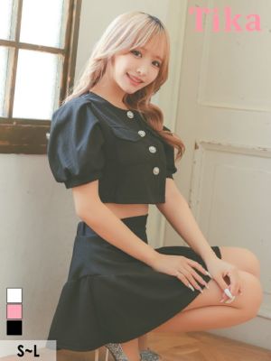 [SALE] 半袖パフスリーブパールボタンワンカラーセットアップフレアミニドレス (Sサイズ～Lサイズ) (重川茉弥/キャバドレス着用)