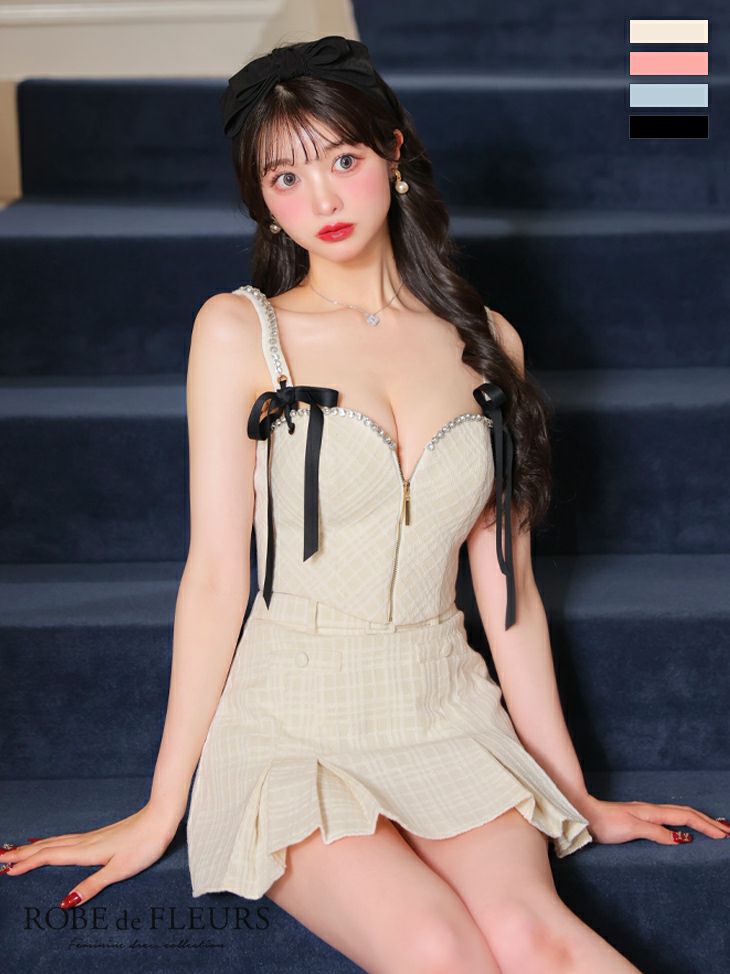 キャバドレス ミニドレス ROBEdeFLEURS ローブドフルール　　高級キャミソールリボンチェック柄ツイードウエストベルトジップビジューセットアップフレアミニドレス