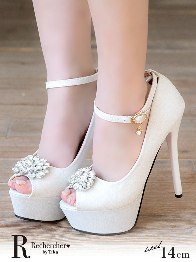 パンプス 靴 ハイヒール オープントゥ ストラップ 白 ホワイト 14cm 美脚 歩きやすい