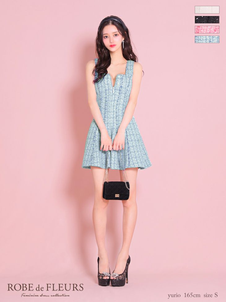 キャバドレス ミニドレス ROBEdeFLEURS ローブドフルール　　高級ノースリーブツイードフロントジップビジューフレアミニドレス