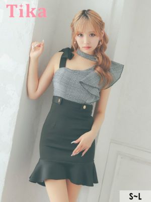 [SALE] ワンショルダー風グレンチェック柄切り替えストレッチ裾フリルタイトミニテールドレス (Sサイズ～Lサイズ) (重川茉弥/キャバドレス着用)