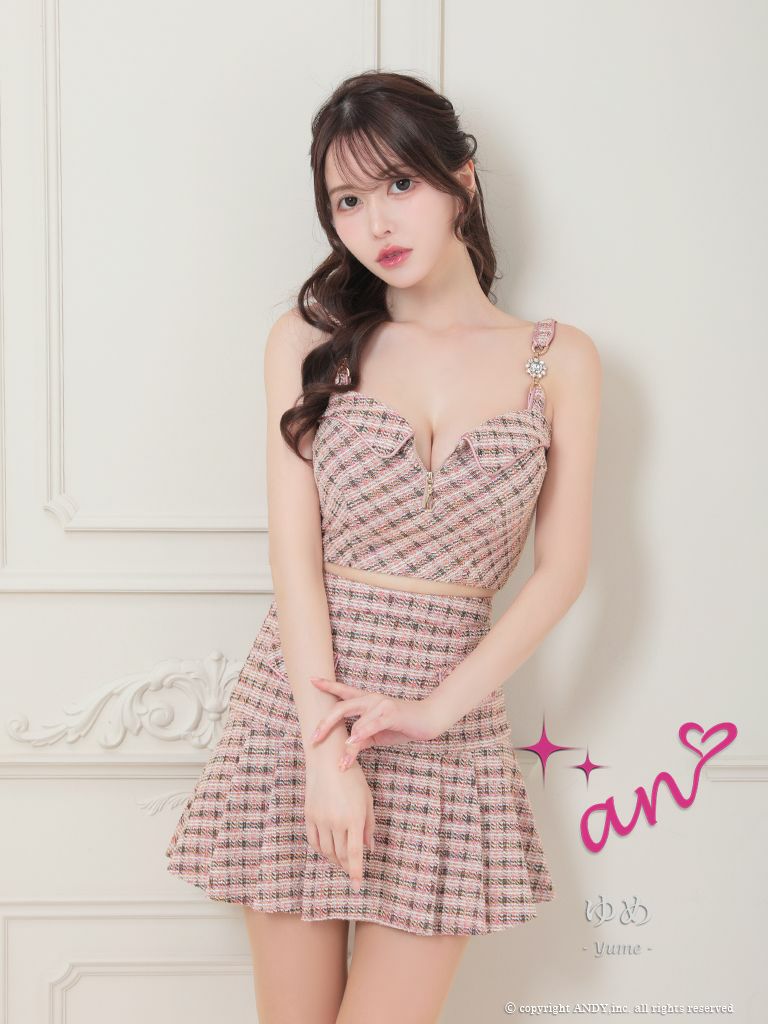 キャバドレス ブランド an アン 高級キャミソールパール肩紐セットアップハーフフロントジップツイードプリーツフレアミニドレス